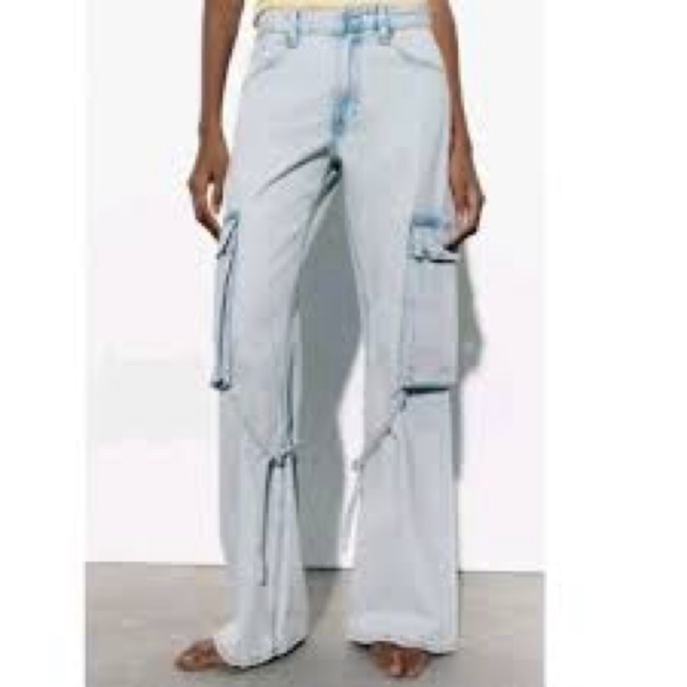 Zara High Rise Cargo Wide Leg Jeans Light Wash Tie Ankle Sz 30